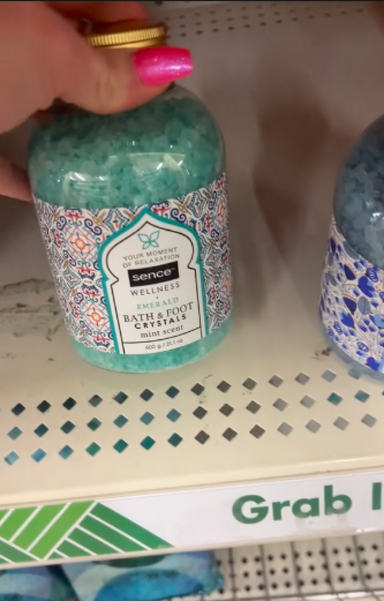 still from TikTok of bath crystals being sold at Dollar Tree