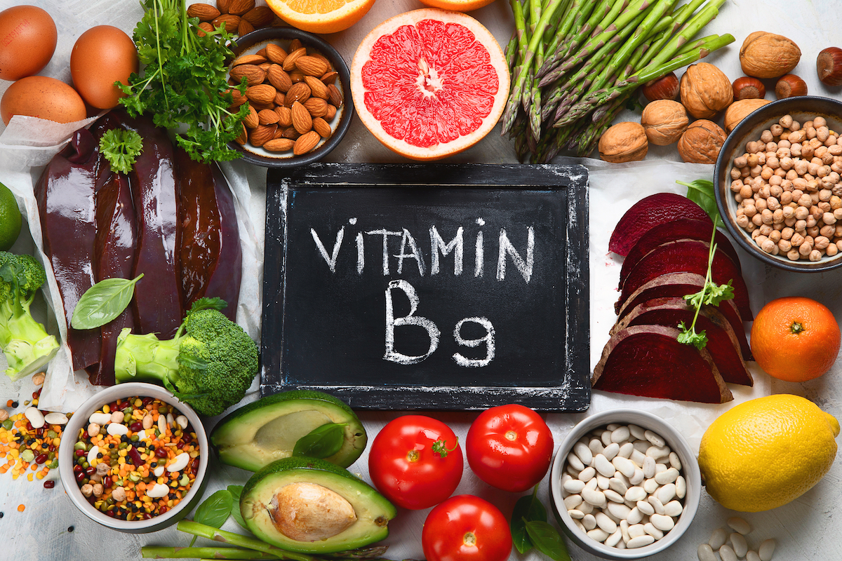 Foods high in vitamin B9, sources of folic acid- Top view