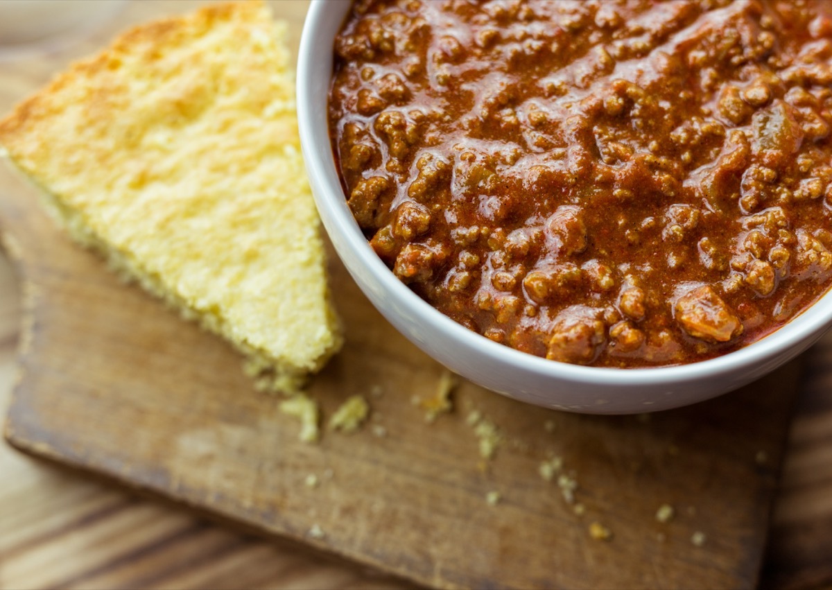 texas chili bowl next to cornbread