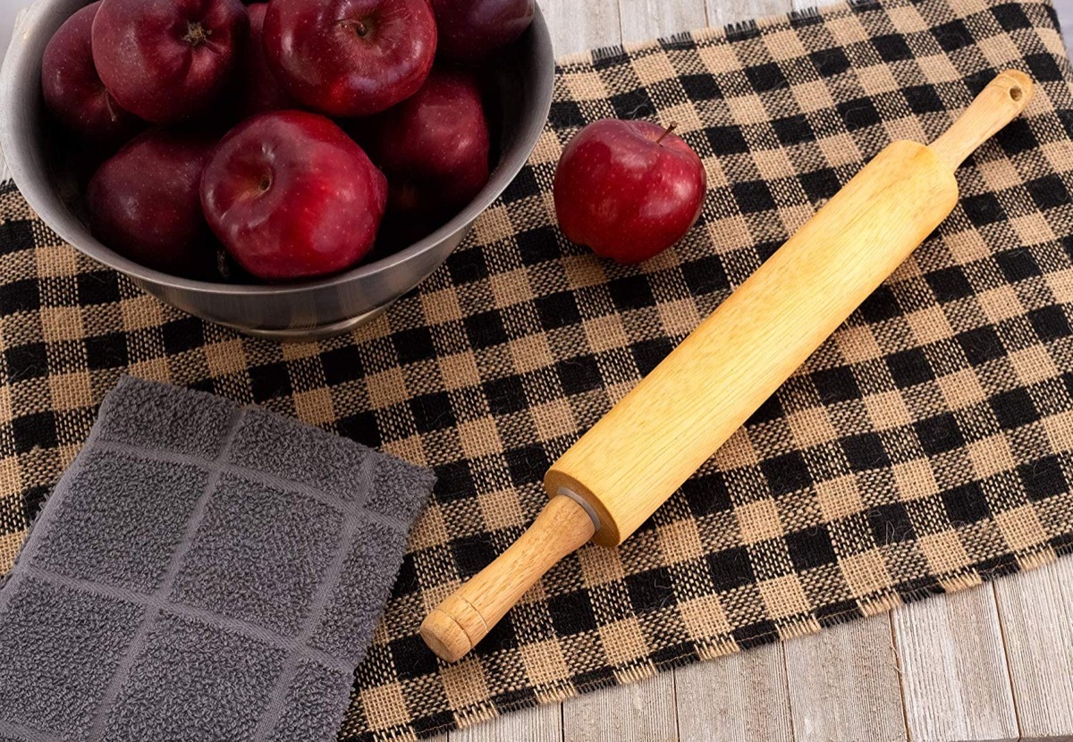 rolling pin on checked napkin, rustic farmhouse decor