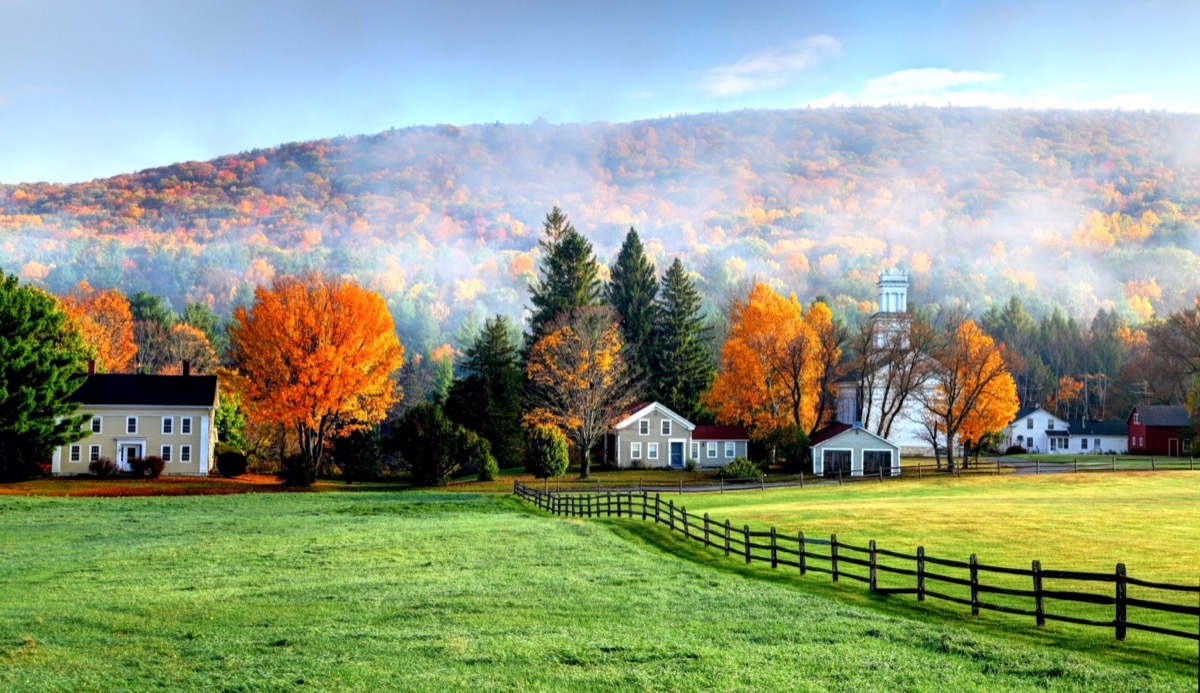 Autumn fog in the village of Tyringham in the Berkshires region of Massachusetts