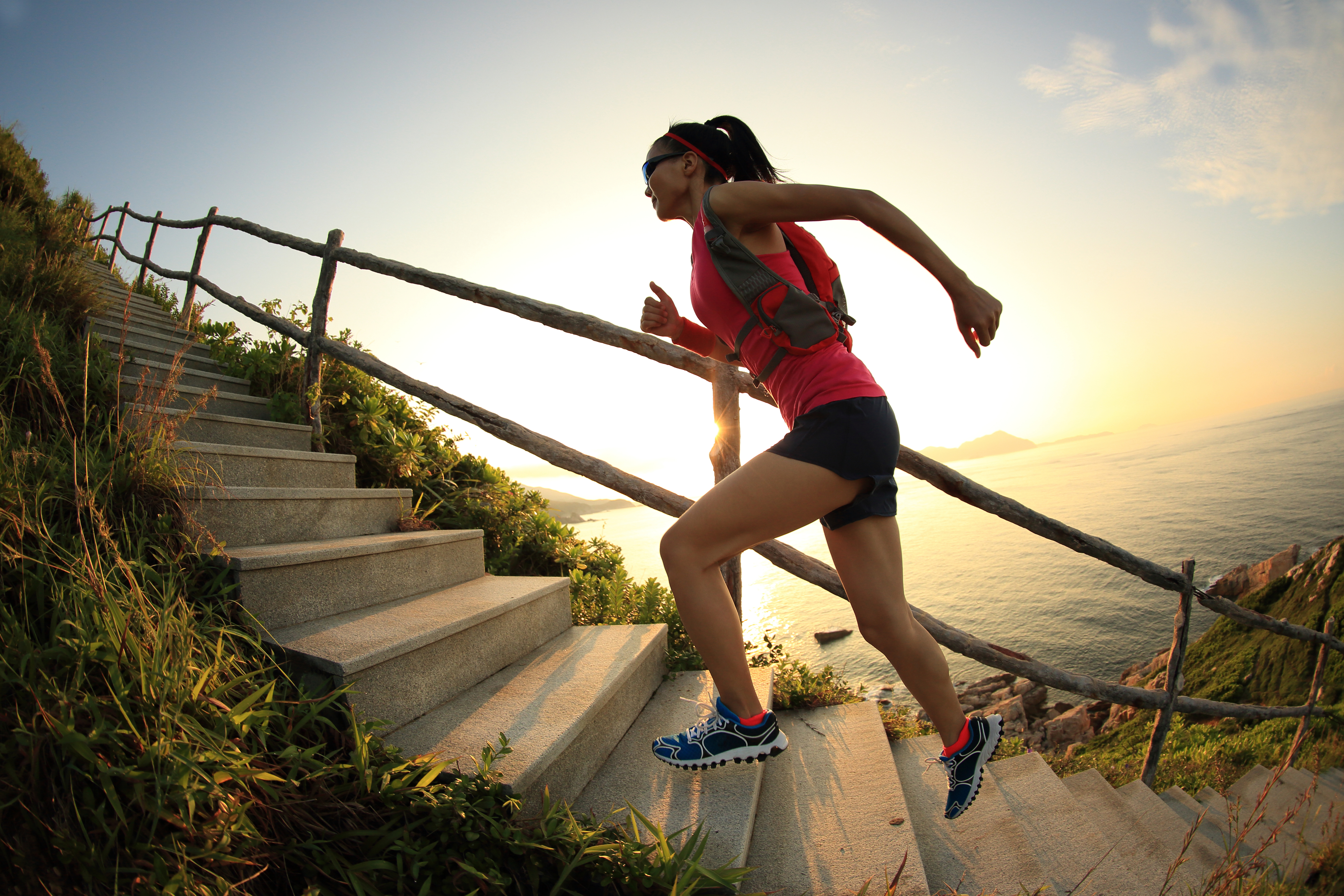 Woman rucking while going up stairs