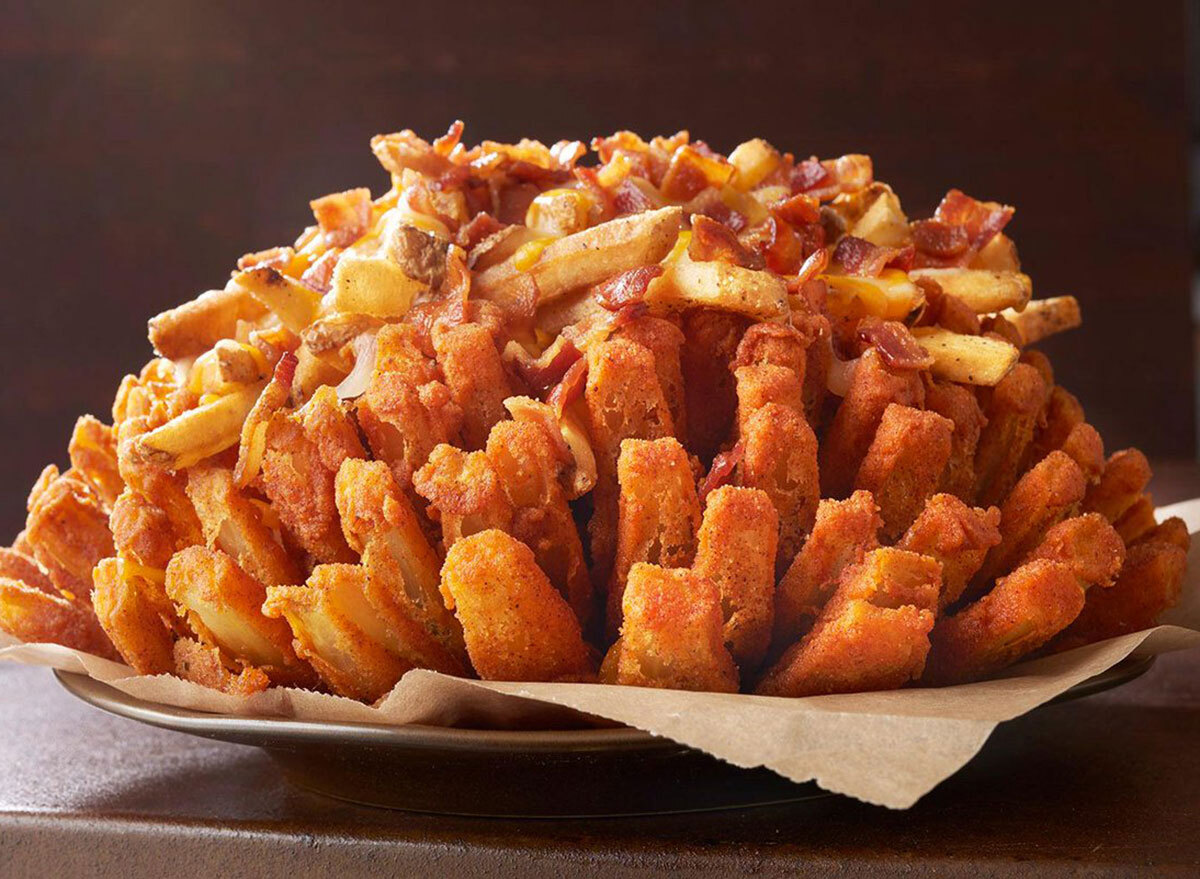 outback loaded bloomin onion topped with cheese fries and bacon