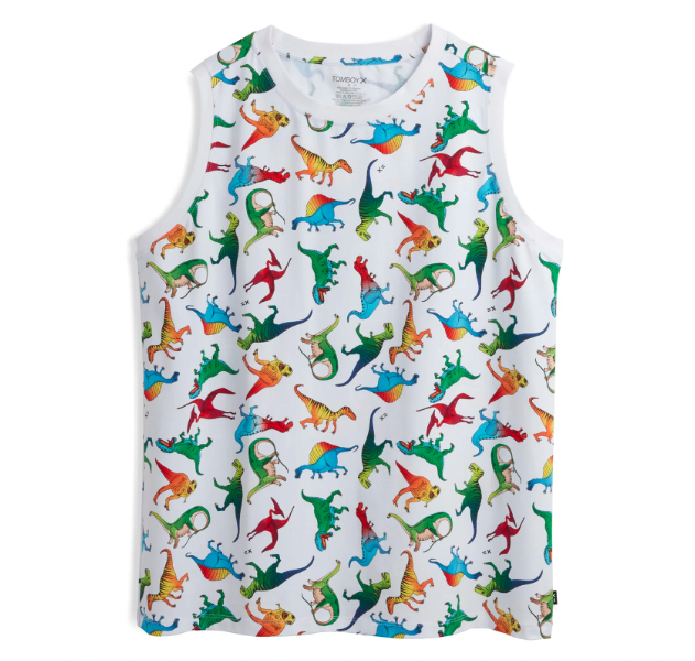 Product shot of TomboyX muscle tank in dinosaur print.