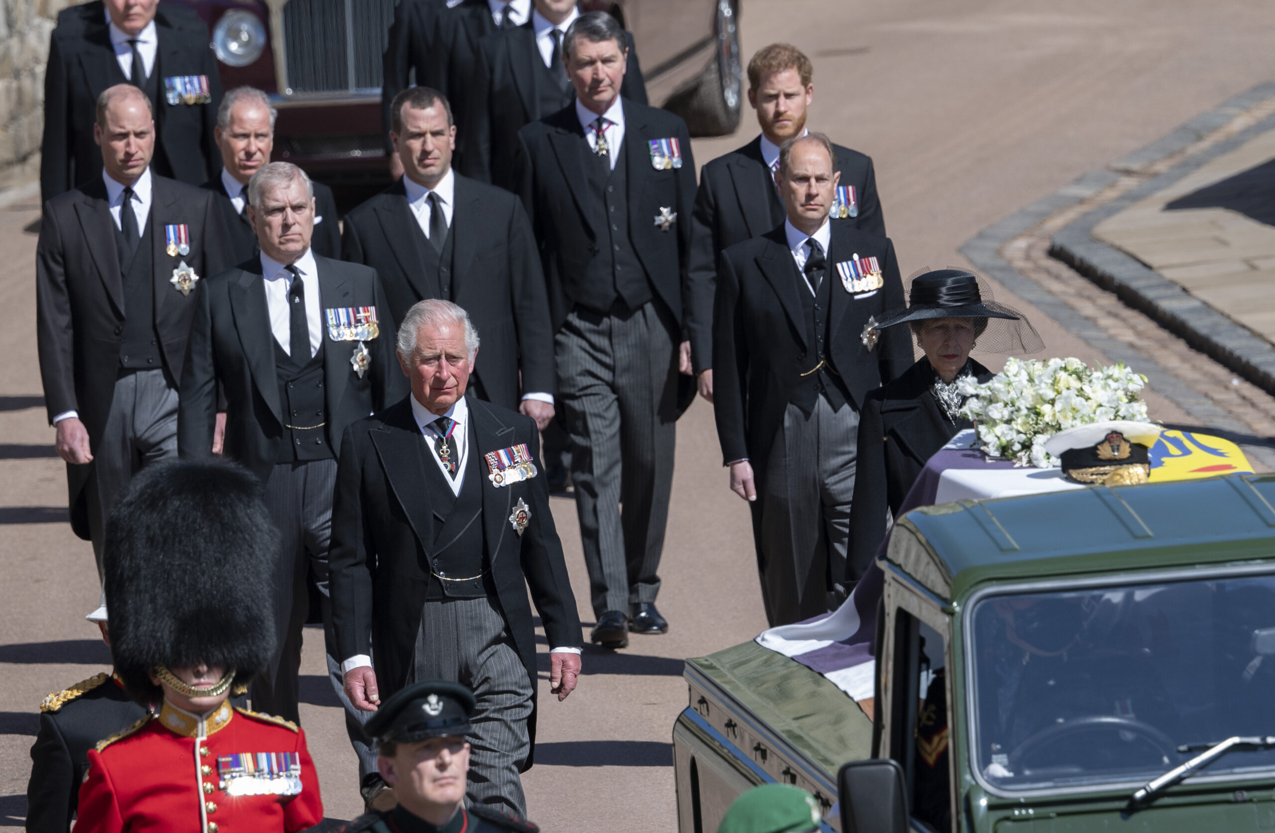 Prince Charles, Prince of Wales; Prince William, Duke of Cambridge; Prince Harry, Duke of Sussex; and others during the funeral of Prince Philip, Duke of Edinburgh on April 17, 2021 in Windsor, England. 