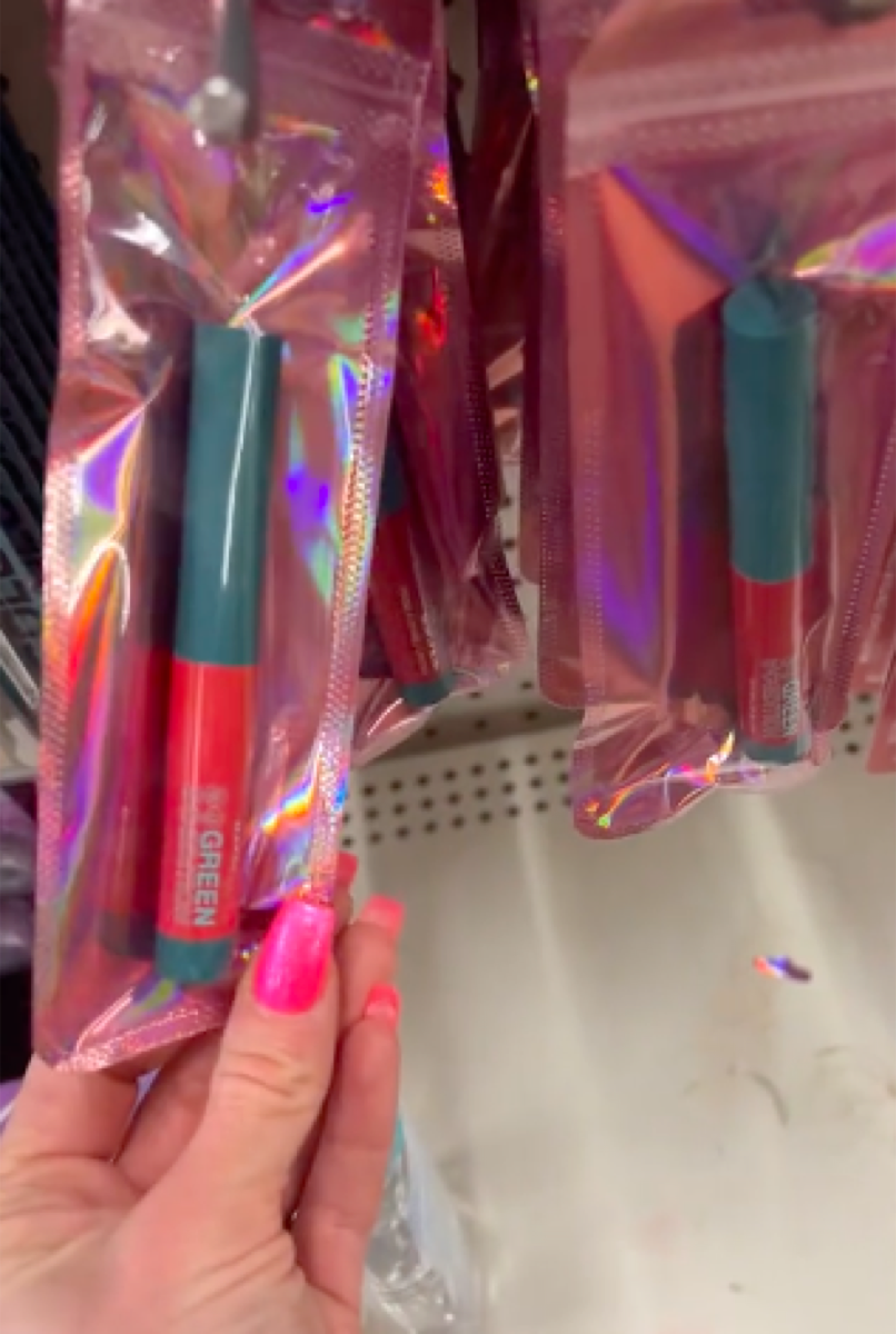 still from TikTok of makeup from Maybelline being sold at Dollar Tree