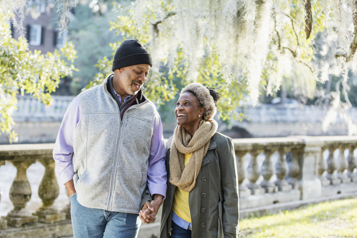 Older couple walking in the park.