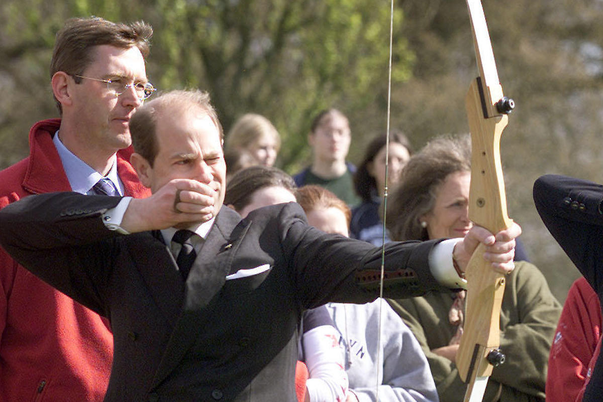 Prince Edward, the Earl of Wessex accompanied by the Countess of Wessex try their hand at archery at Barnetts Park in Belfast in 2002