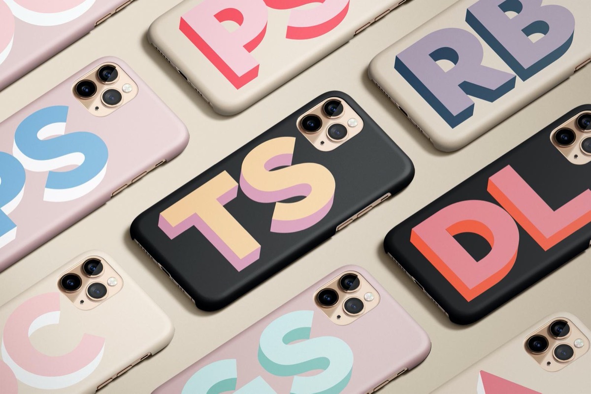 rows of multicolored monogrammed phone cases