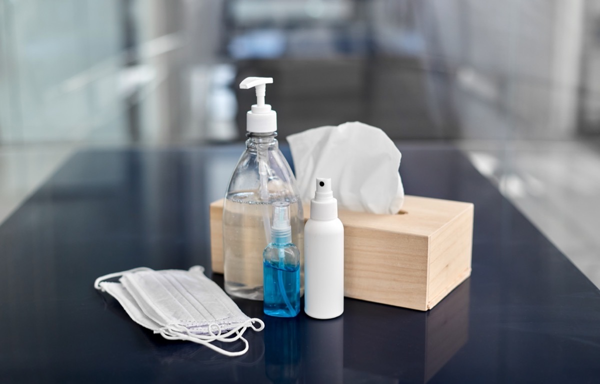 Hand sanitizer, tissues, masks, and disinfectant