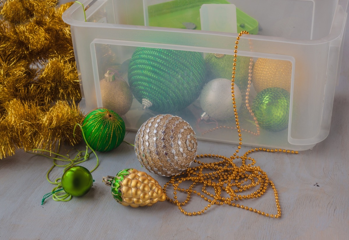 clear box of Christmas decorations