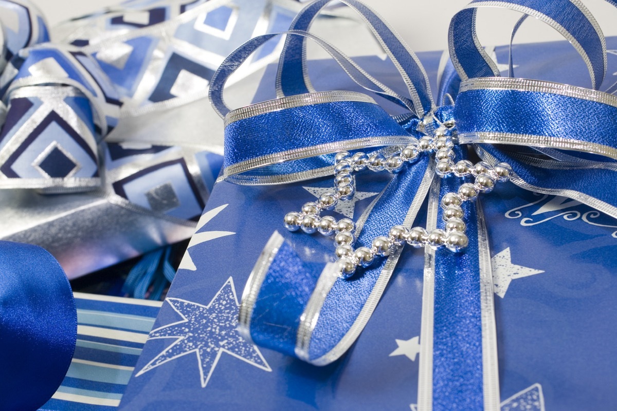 blue and white gifts with star of david on them for hanukkah