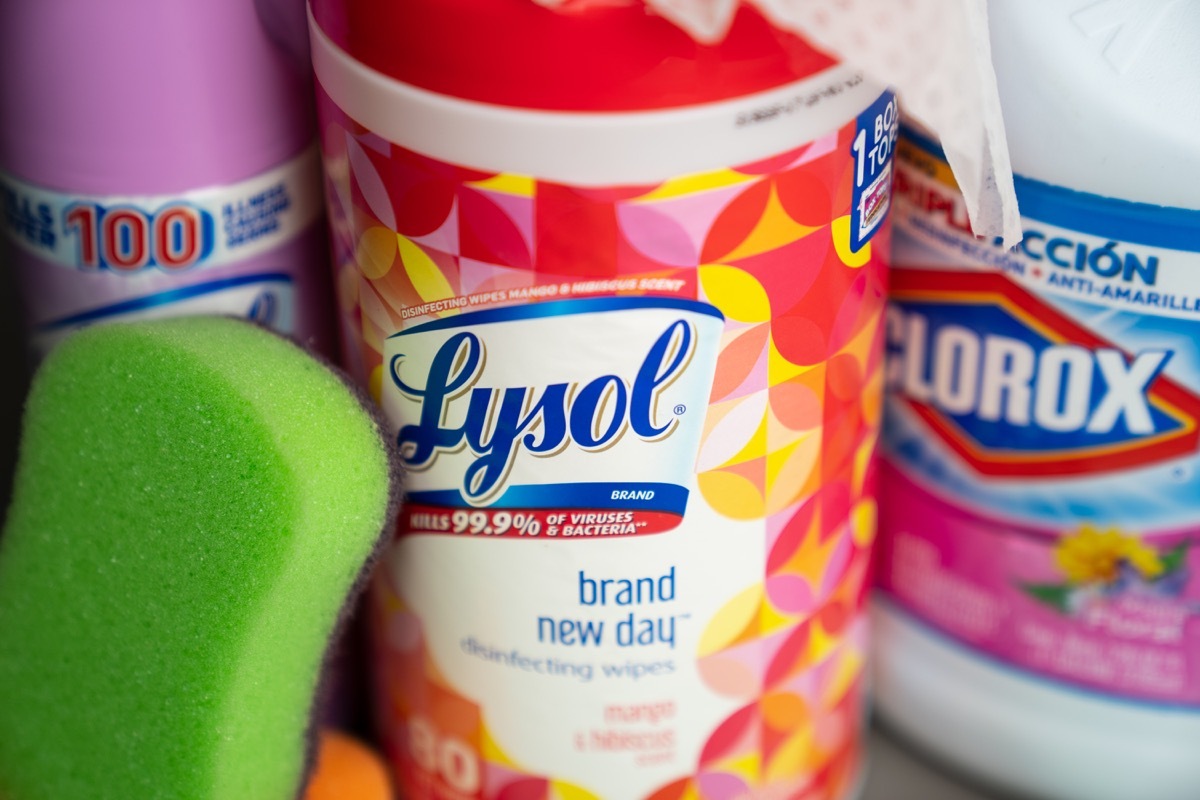 lysol and Clorox cleaners with sponge