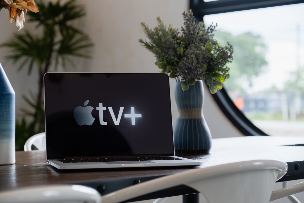 CHIANGMAI, THAILAND - JULY 17,2019 : Macbook and Apple TV plus logo on screen. Apple TV plus is streaming service.