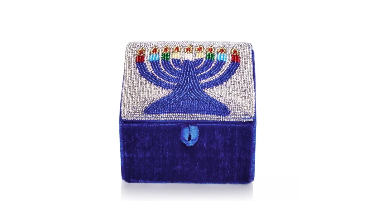 blue velvet jewelry box with beaded menorah on top, hanukkah gifts