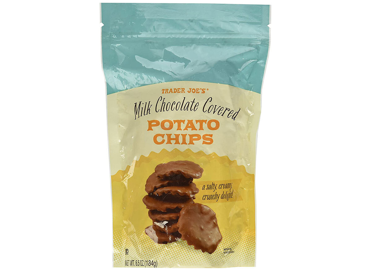 bag of chocolate covered potato chips from trader joes