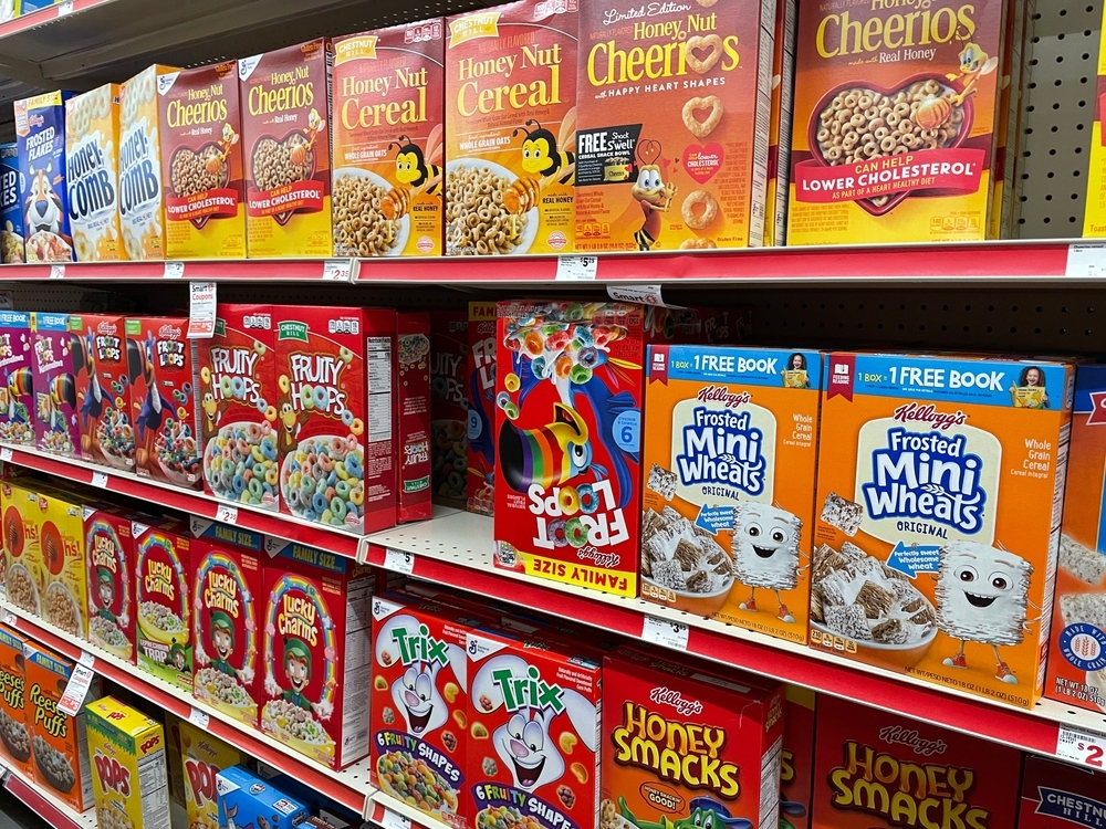 The cereal aisle in a Family Dollar store