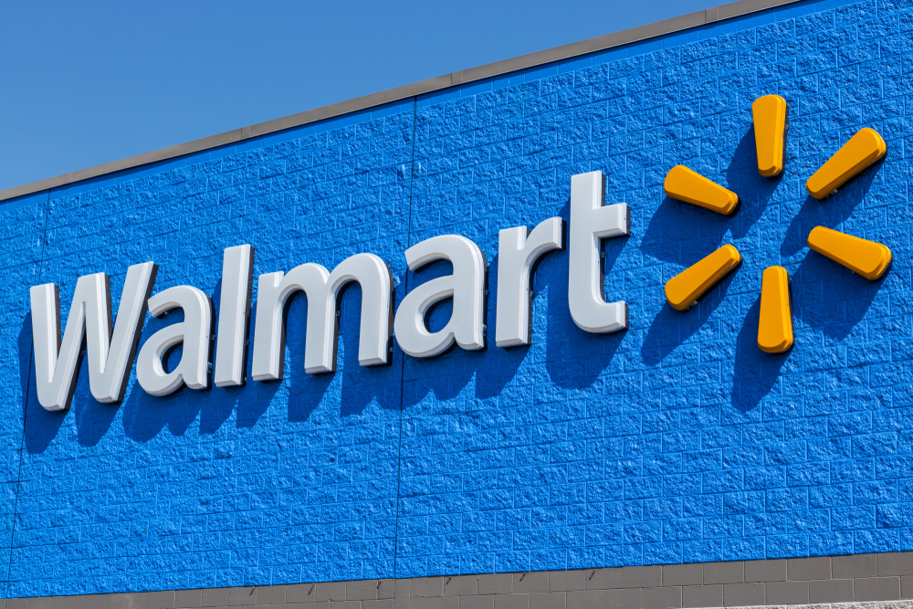 The exterior sign of a Walmart store