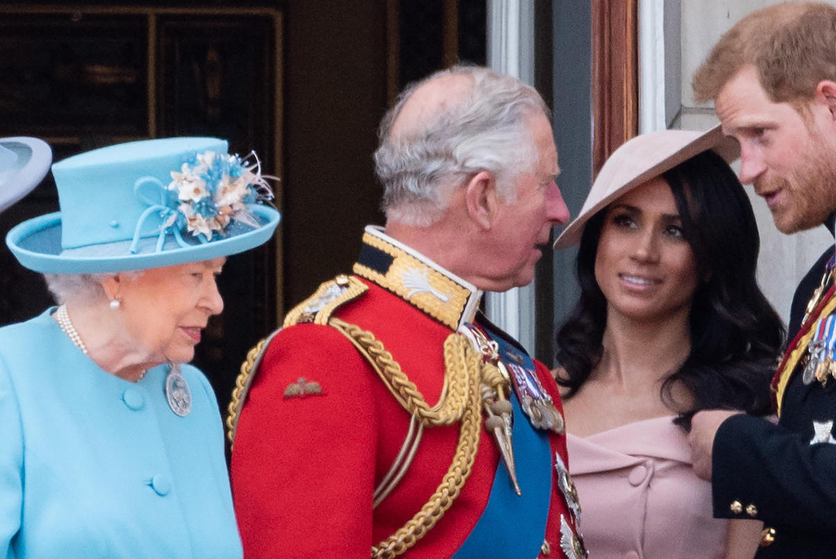 Trooping The Colour 2018 with Queen Elizabeth II, Prince Charles, Meghan Duchess of Sussex, Prince Harry on the balcony at Buckingham Palace