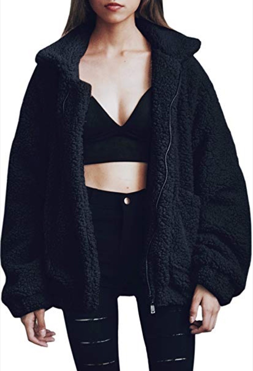 woman wearing teddy coat and crop top