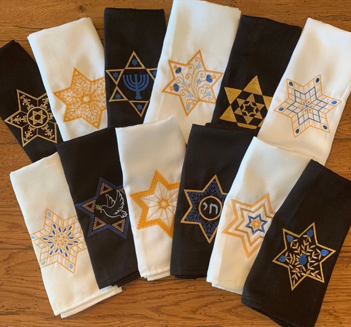 black and white cloth napkins with the star of david on them, hanukkah decorations