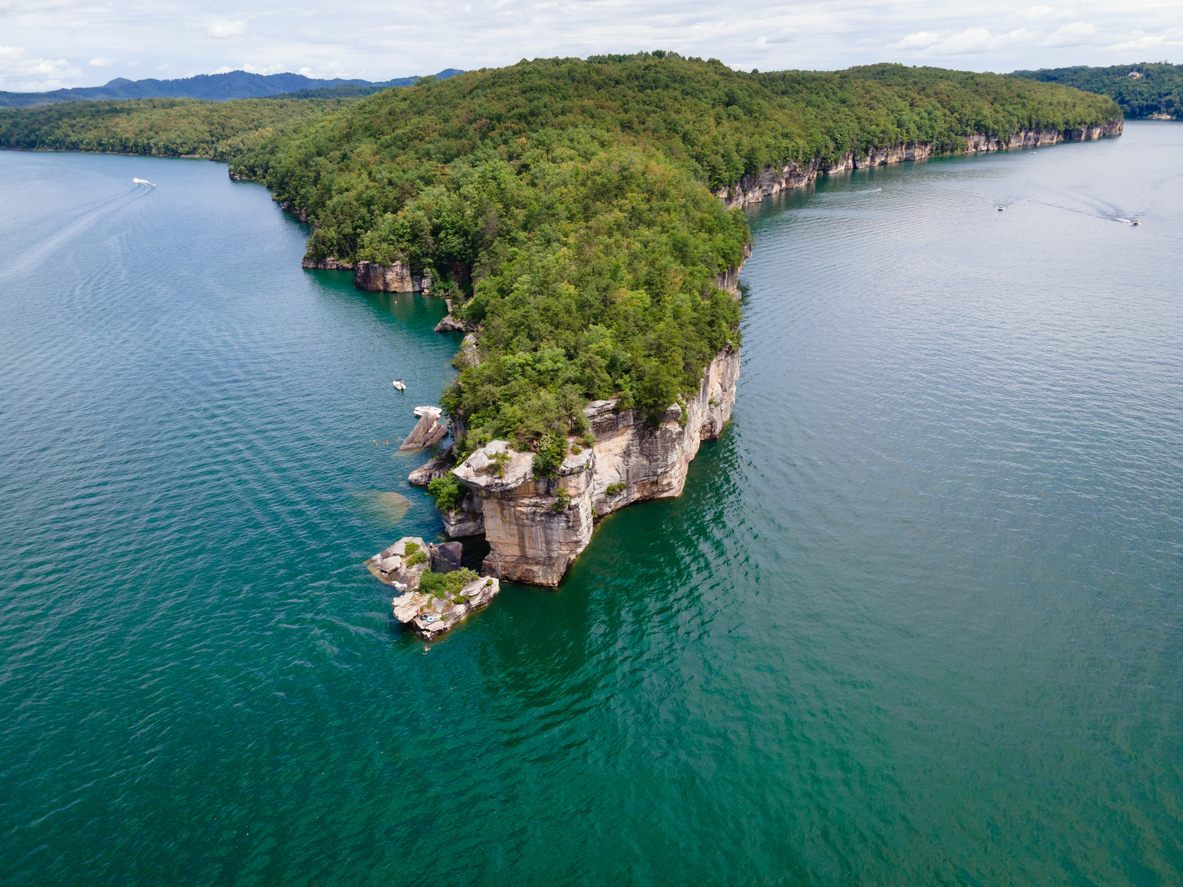 Aerial View of the rocky Long Point Peninsula at Summersville Lake, West Virginia in the summer.