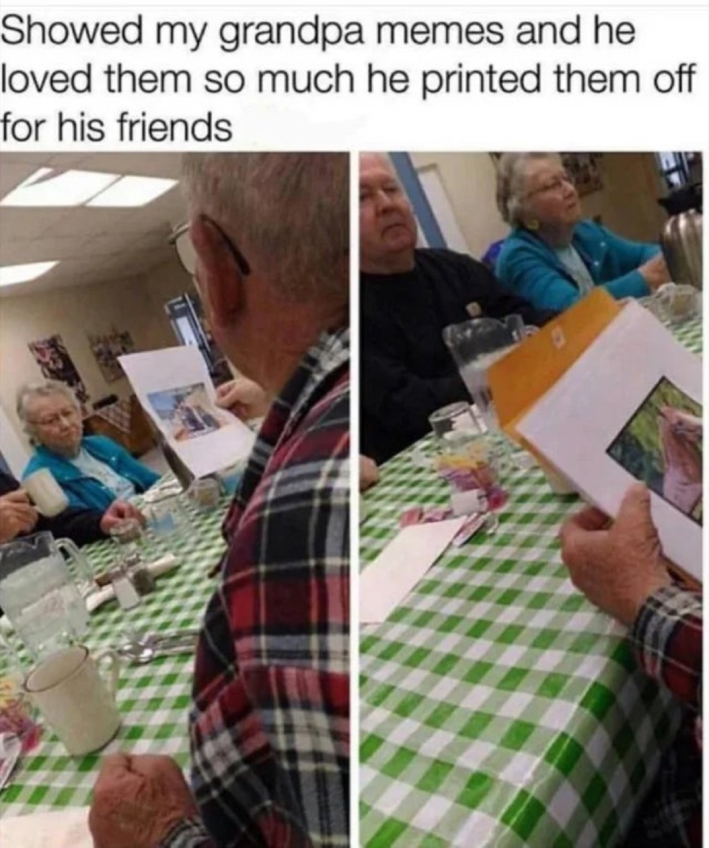 Photo of seniors holding printed pictures with caption 