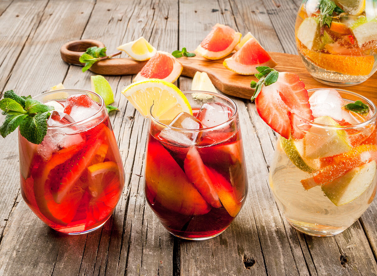 assorted sangria cocktails in short wine glasses