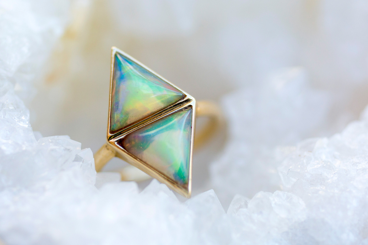 triangle opal ring in geode