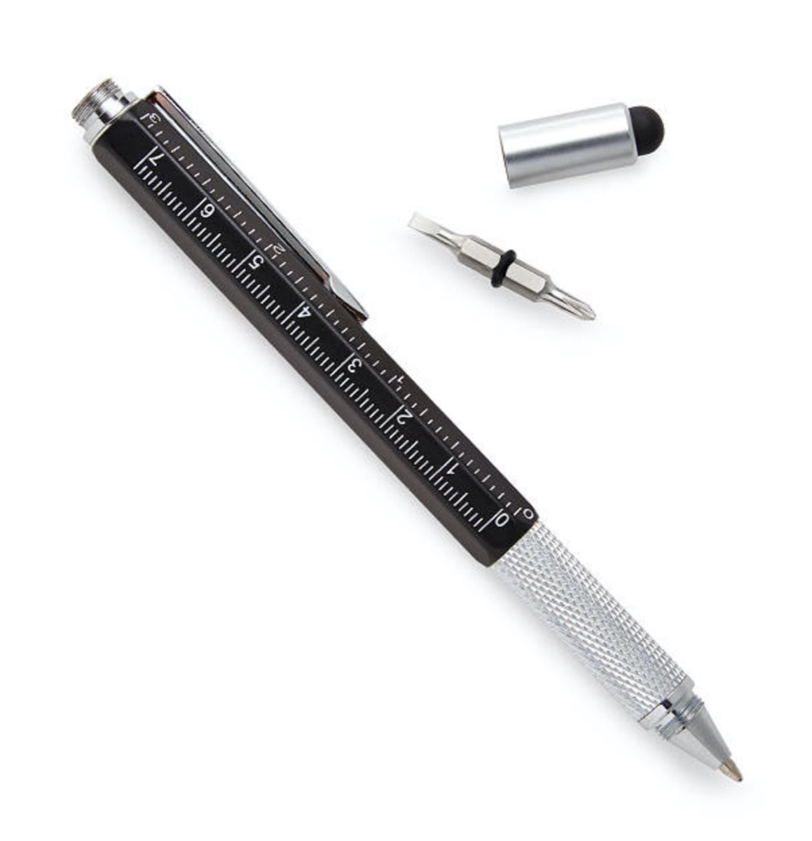 black and silver pen with ruler on the side, a screwdriver head, and a stylus nib