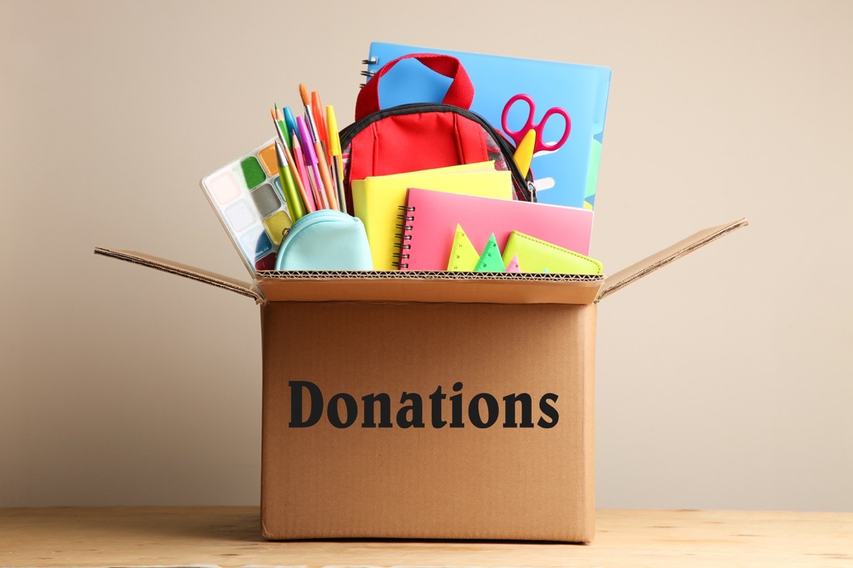 donations bin of school supplies