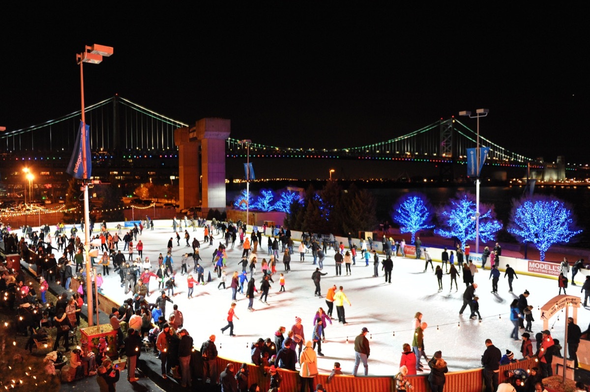 Ice Skaters on the Blue Cross River Rink in Philadelphia, PA.