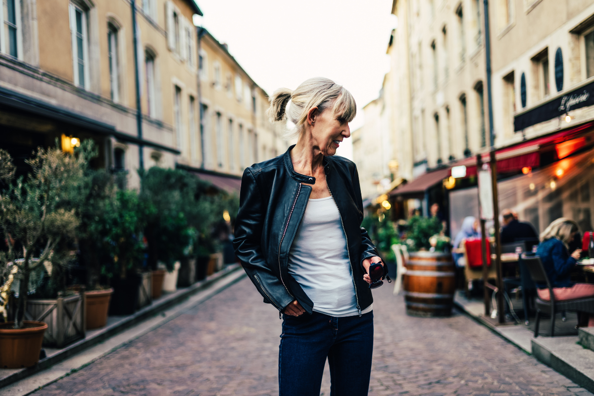 older woman classic leather jacket