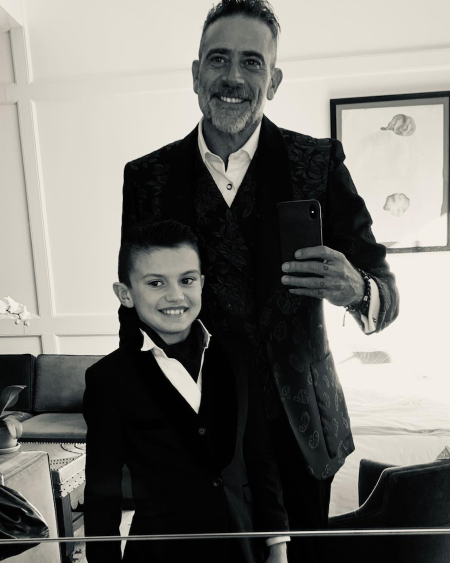 Jeffrey Dean Morgan and his son in a black and white self-portrait taken in a mirror