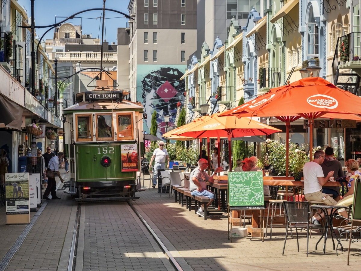 Christchurch, New Zealand - New Regent Street in the centre of Christchurch, with outdoor cafes and speciality shops, and the tram route running through it. 