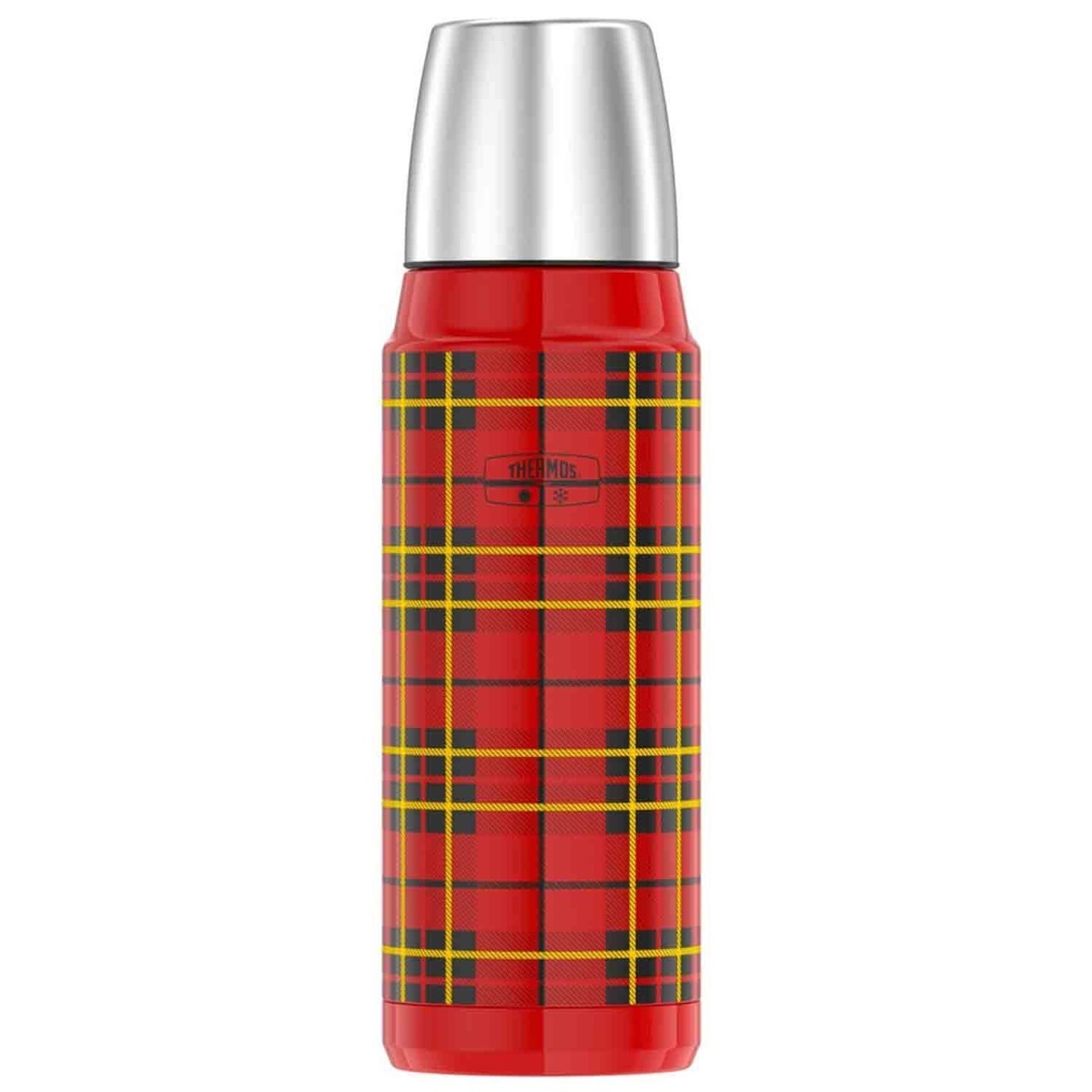 red, black, and yellow plaid thermos with silver top on white background