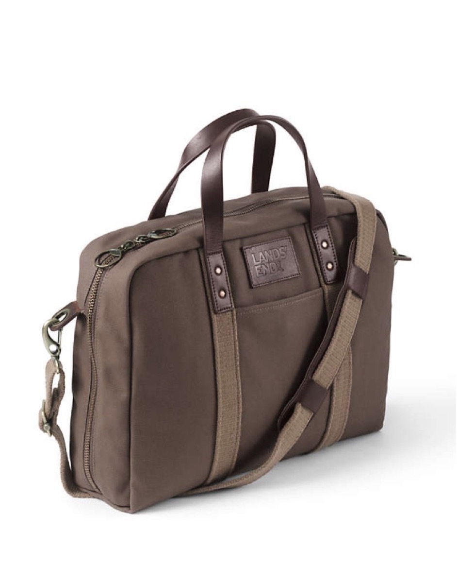 brown canvas laptop bag with leather handles