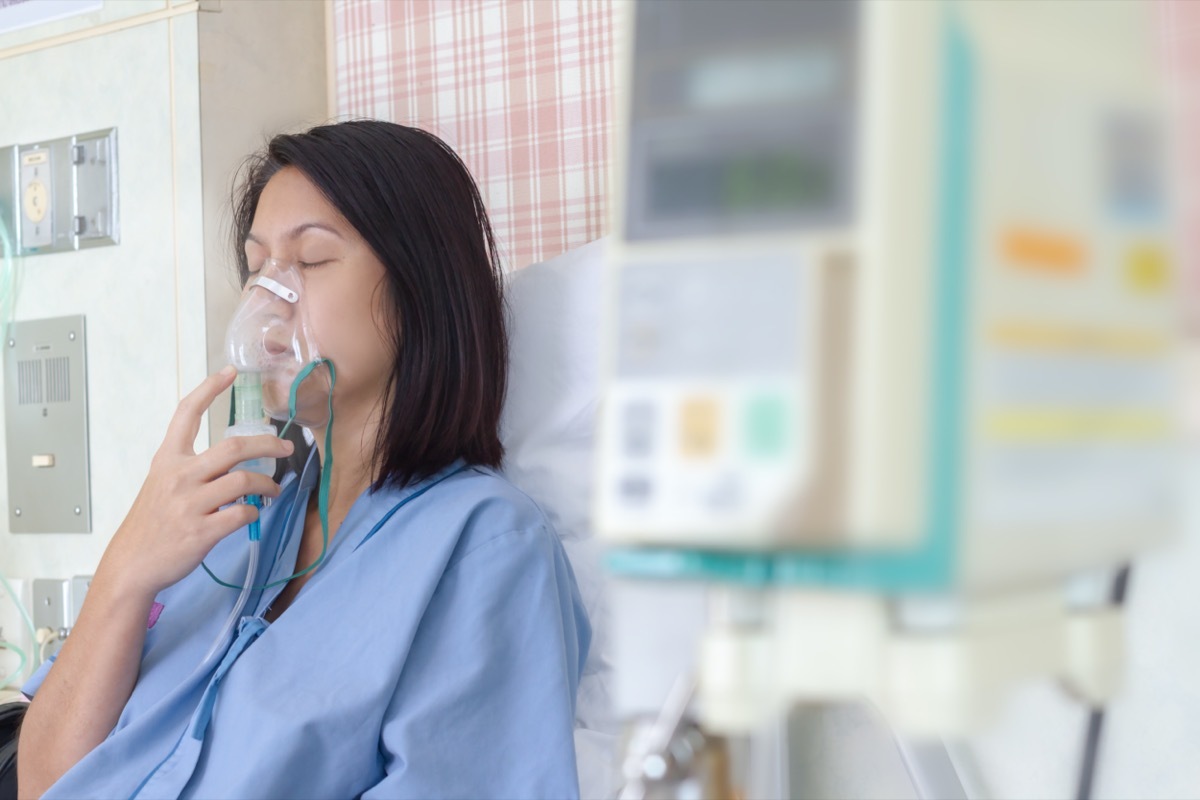 young asian woman using nebulizer mask in hospital for coronavirus or asthma treatment