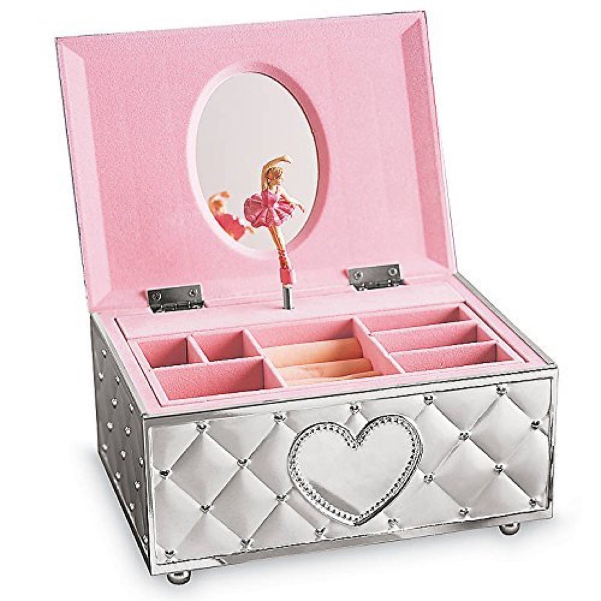 pink jewelry box with silver exterior and ballerina figurine inside