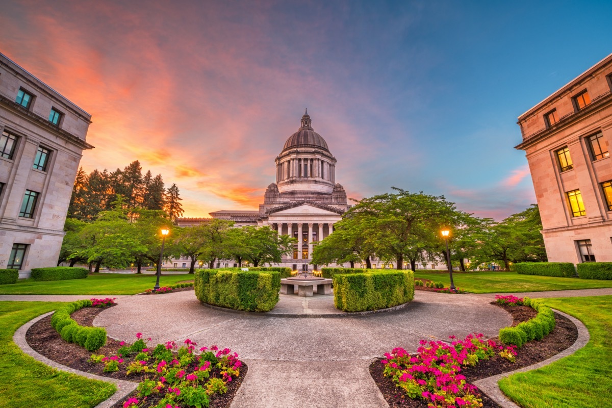 Olympia, Washington, USA state capitol building at dusk.