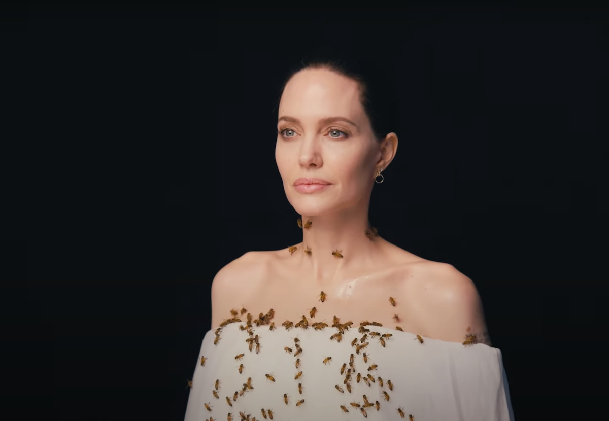 Angelina Jolie wearing a white dress while posing with bees