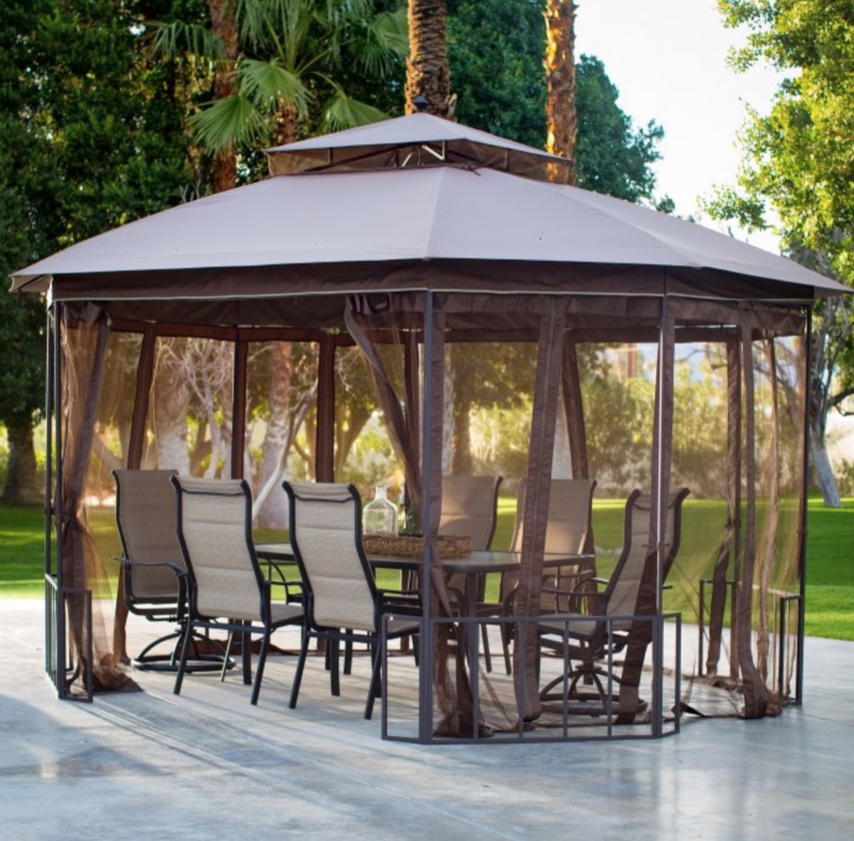 brown gazebo with screens, bug protection