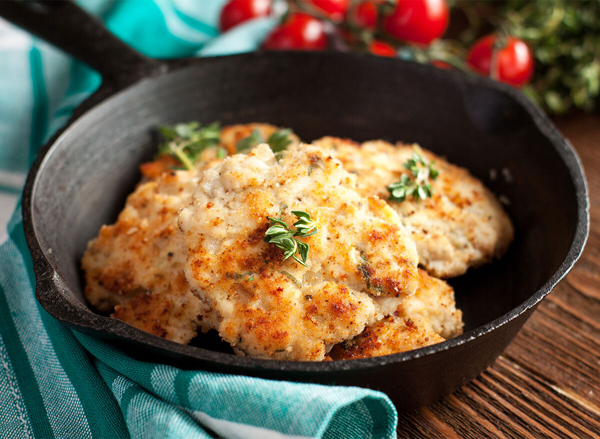 ground chicken patties in skillet