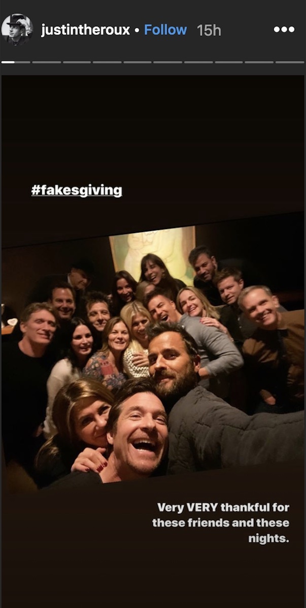 Justin Theroux's Instagram Story about Friendsgiving, which includes Jennifer Aniston