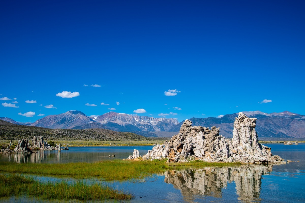 tufa rock formations jutting out of mono lake