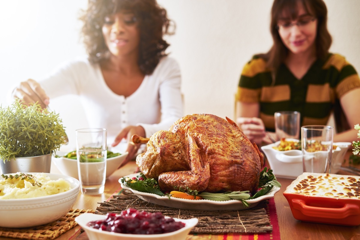 thanksgiving dinner turkey with people eating