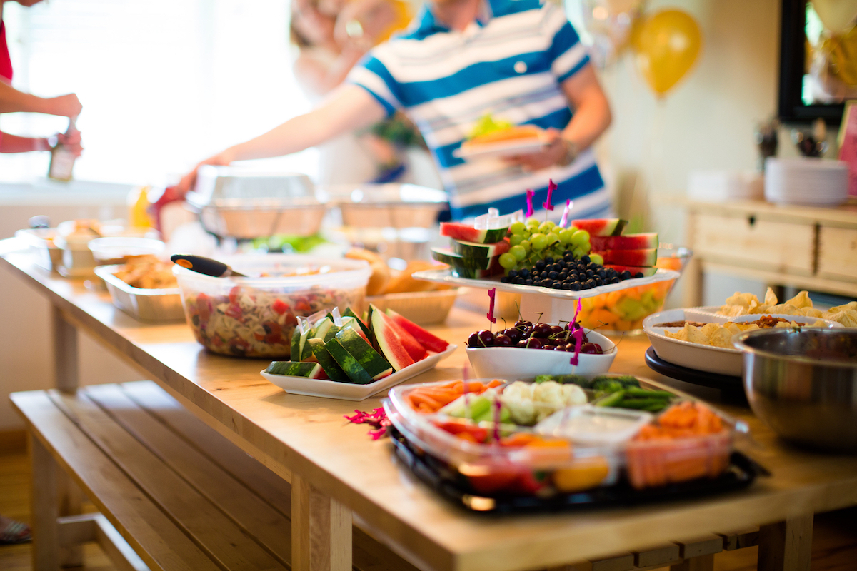 Summer Food at Barbecue Party, Food Display with Fruit and Vegetables on a Wood Table