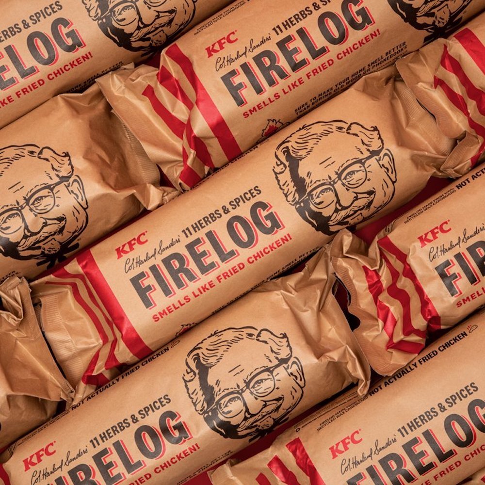 rows of KFC firelogs wrapped in brown paper with colonel sanders' face