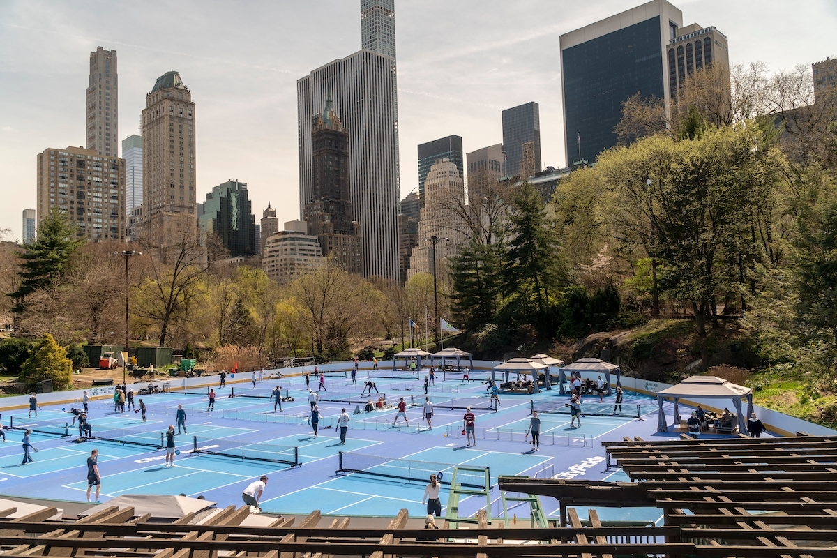 Aerial view of Central Park's Wollman Ice Skating rink converted into 14 pickleball courts