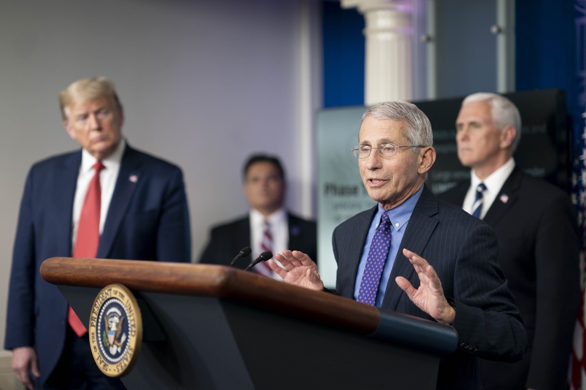 President Donald J. Trump, joined by Vice President Mike Pence, listen as Director of the National Institute of Allergy and Infectious Diseases Dr. Anthony S. Fauci delivers remarks during a coronavirus update briefing.